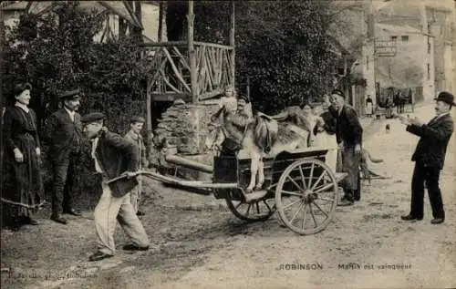 CPA Robinson Hauts de Seine, Mann zieht Fuhrwerk mit Esel