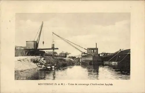 Ak Montereau Seine et Marne, Hafenansicht mit Kran, Schiff und Eisenbahnwaggon