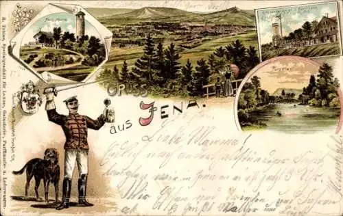 Litho Jena in Thüringen, Panorama, Fuchsturm, Gasthof, Denkmal