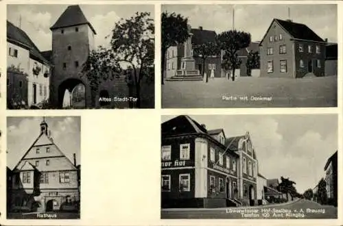 Ak Klingenberg im Erzgebirge Sachsen, Stadttor, Denkmal, Rathaus, Löwensteiner Hof Saalbau