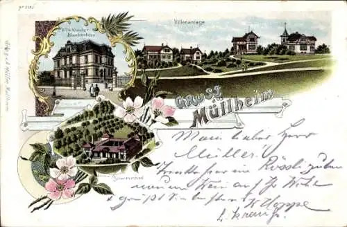 Litho Müllheim in Baden Markgräflerland, Villenanlage, Villa, Schwimmbad