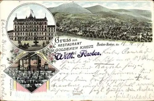 Litho Baden Baden am Schwarzwald, Gesamtansicht, Gasthof zum goldenen Kreuz