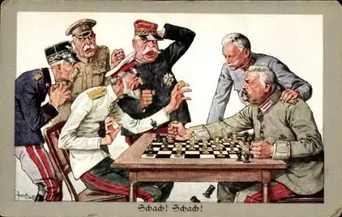 Künstler Ak Zasche, Schach, Hindenburg, Hötzendorf, Joffre, French, Cordona, Großfürst Romanow