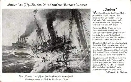 Künstler Ak Stöwer, Willy, Deutsches Kriegsschiff, SMS Emden, Kleiner Kreuzer, Gedicht