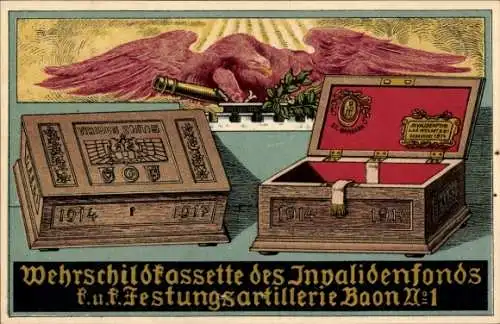 Künstler Ak Wehrschildkassette des Invalidenfonds, Festungs-Artillerie-Bataillon Nr 1