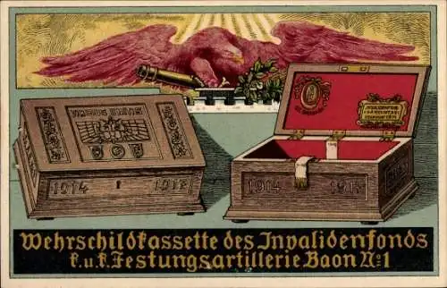 Künstler Ak Wehrschildkassette des Invalidenfonds, Festungs-Artillerie-Bataillon Nr 1