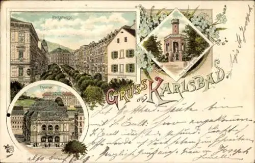 Litho Karlovy Vary Karlsbad Stadt, Parkstraße, Theater, Franz Josephs Warte