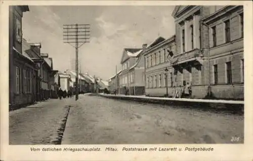 Ak Jelgava Mitau Lettland, Poststraße mit Lazarett und Postgebäude, 1. WK