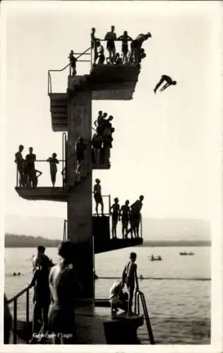 Ak Genf Stadt Schweiz, Strand Genève-Plage am Lac Léman, Turmspringen