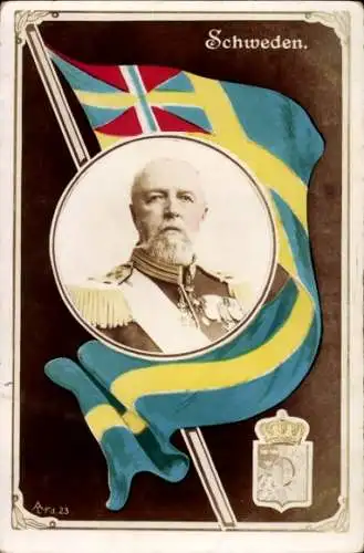 Ak König Oskar II. von Norwegen und Schweden, Portrait, Fahnen