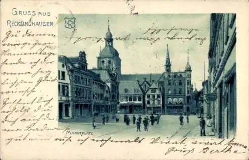 Litho Recklinghausen im Ruhrgebiet, Marktplatz, Passanten