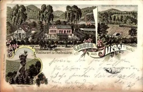 Litho Ilfeld Harz, Restaurant zur Thalbrauerei, Gänseschnabel, Viadukt Harzquerbahn