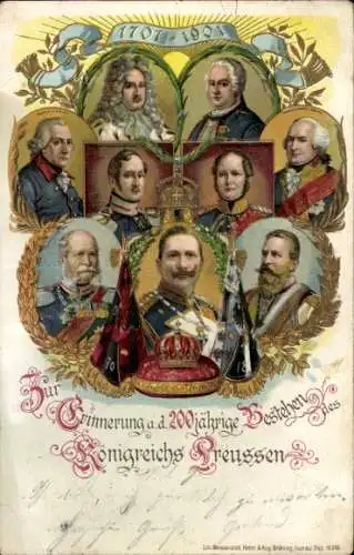 Präge Litho 200 Jahre Königreich Preußen 1701-1901, Kaiser Wilhelm II, König Friedrich II