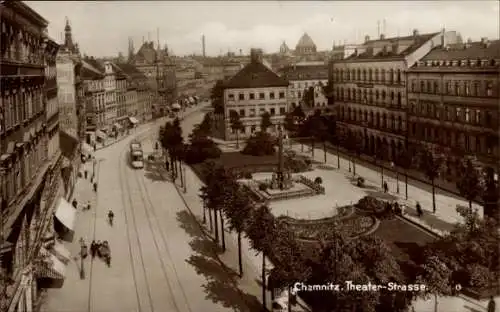 Ak Chemnitz in Sachsen, Straßenbahn in der Theaterstraße, Denkmal