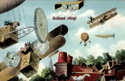 Ak Niederlande, Flugzeuge, Ballons, Doppeldecker, Luftschiffe