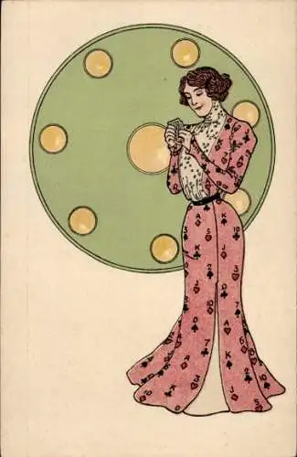 Jugendstil Ak Porträt einer Frau mit Spielkarten, Kleid in Spielkarten-Farben