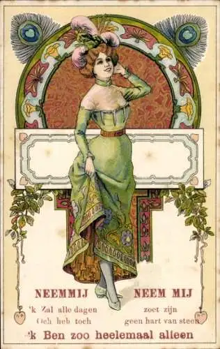 Jugendstil Litho Junge Frau, Grünes Kleid