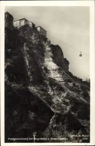 Ak Berchtesgaden Oberbayern, Gotzenalm, Predigtstuhlbahn mit Bergstation und Hotel.