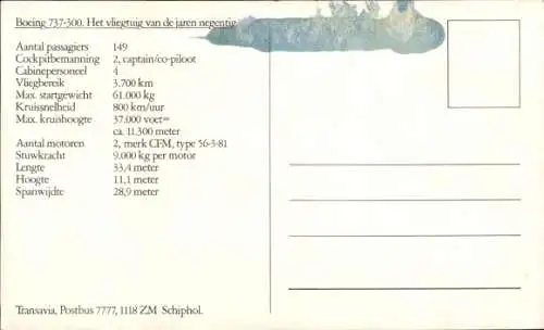 Ak Niederländisches Passagierflugzeug, Boeing 737 300, Transavia