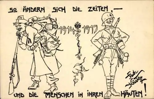 Künstler Ak Kristen, R., So ändern sich die Zeiten, Soldaten in Uniformen, Waisenstiftung