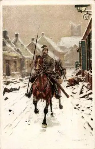 Künstler Ak Ungewitter, Hugo, Deutsche Ulanen, Winter 1915, Schnee