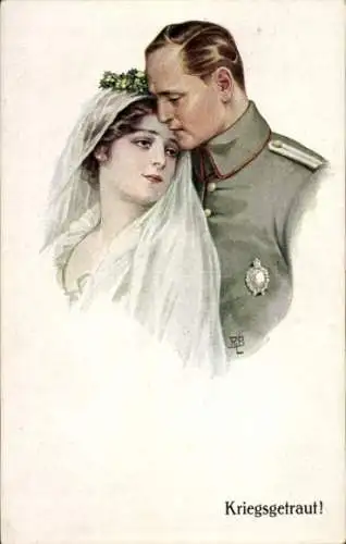 Künstler Ak Kriegsgetraut, Soldat mit Frau, Hochzeitspaar