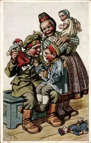 Künstler Ak Beithan, Emil, Soldat mit Puppe eines Zouaven, Frau, Kind, Spielzeuge, I. WK