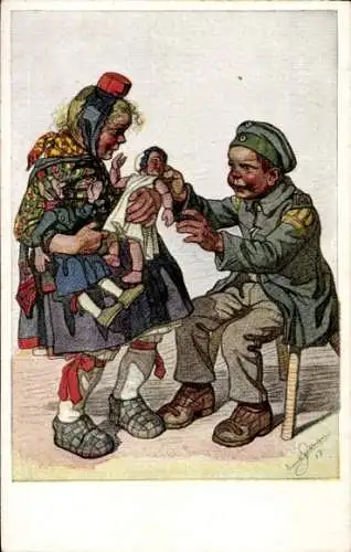 Künstler Ak Beithan, Emil, Hessische Tracht, Schwälmerin, Puppen, Soldat