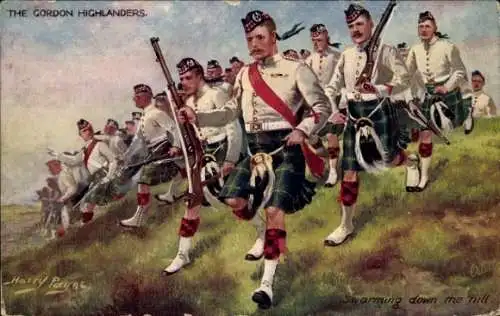 Künstler Ak Payne, H., Die Gordon Highlanders, Schwärmend den Hügel hinunter