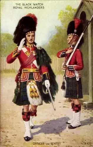 Künstler Ak The Black Watch, Royal Highlanders, Officer and Sentry