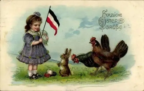 Präge Ak Frohe Ostern, Hühner, Osterhase, Osterei, Patriotik, Mädchen