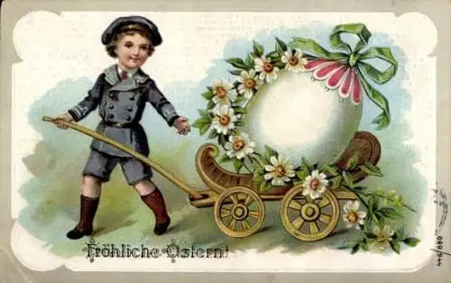 Präge Ak Ostern, Osterei, Wagen, Junge