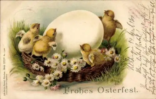 Ak Glückwunsch Ostern, Küken im Nest mit Osterei