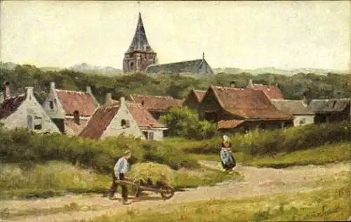 Künstler Ak Gerstenhauer, J. G., Mann mit Heuwagen, Kirche