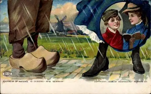 Ak Woonsocket Rubber Co., Footwear of Nations No. 6, Germany, Holzschuhe, Windmühle