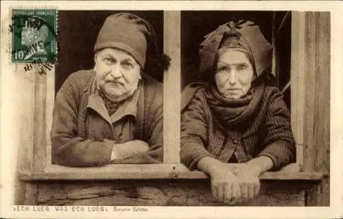 Ak Altes Paar schaut aus einem Fenster, Ech Lueg was ech Lueg, Benjamin Vallotton