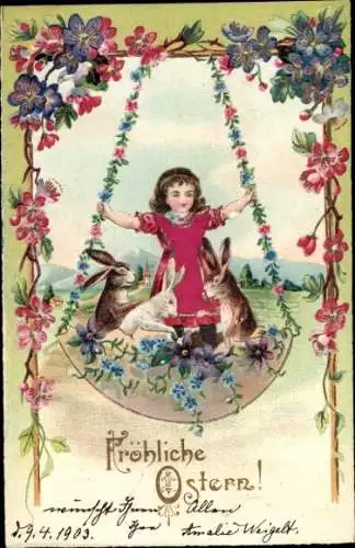 Präge Litho Frohe Ostern, Mädchen in einer Schaukel, Osterhasen, Blumen