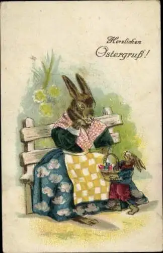 Ak Glückwunsch Ostern, Osterhasen, Osterkorb, Ostereier