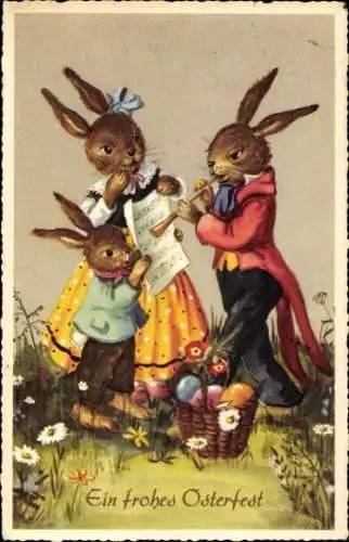 Ak Glückwunsch Ostern, Osterhasen musizieren, Osterkorb mit Ostereier