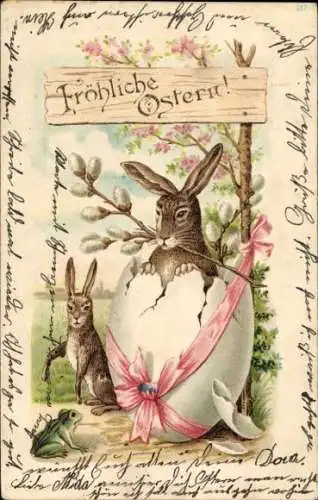 Präge Ak Frohe Ostern, Osterhase mit Ei, Frosch und Weidenkätzchen