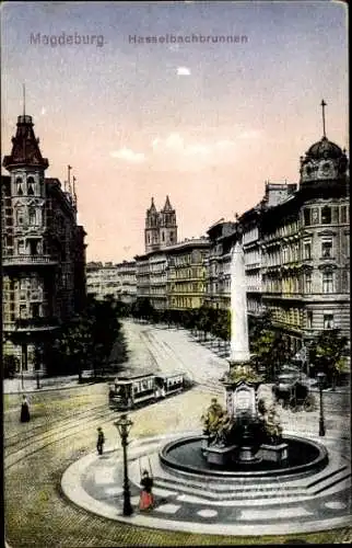 Ak Magdeburg an der Elbe, Hasselbachbrunnen, Straßenbahn