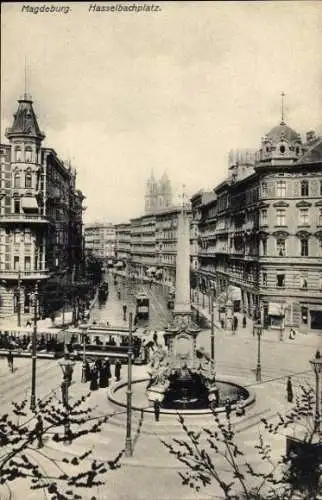 Ak Magdeburg an der Elbe, Hasselbachplatz, Säule, Straßenbahn