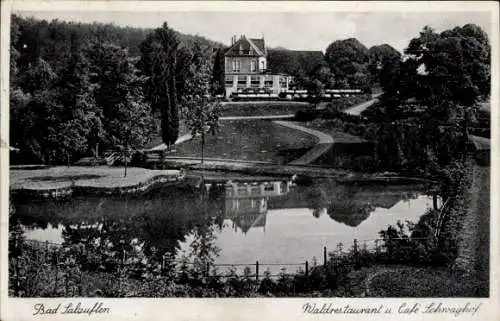 Ak Bad Salzuflen in Lippe, Waldrestaurant, Café Schwaghof, Gewässer, Wald