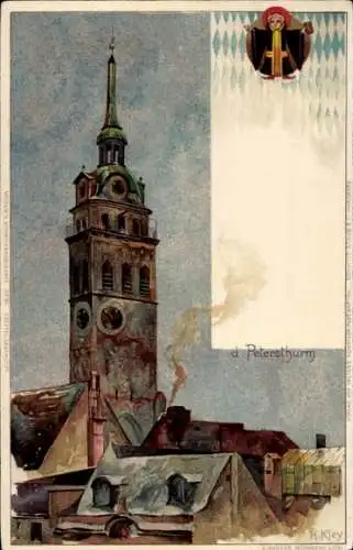 Künstler Litho Kley, Heinrich, München Bayern, Petersturm und Münchner Kindl