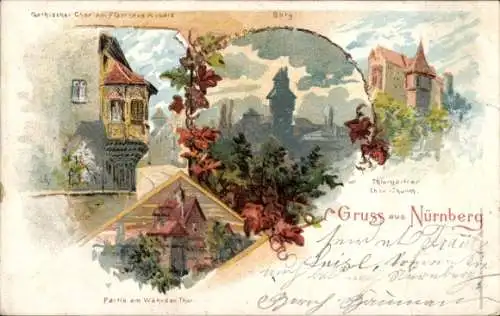 Mondschein Litho Nürnberg in Mittelfranken Bayern, Tiergärtner Torturm, Wöhrdertor, Pfarrhaus Sebald