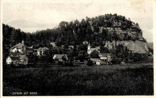 Ak Hain Oybin in der Oberlausitz, Mehrere Gebäude, dahinter ein bewaldeter Berg