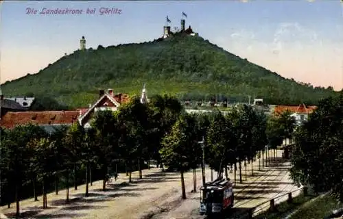 Ak Görlitz in der Lausitz, Die Landeskrone, Straßenbahn