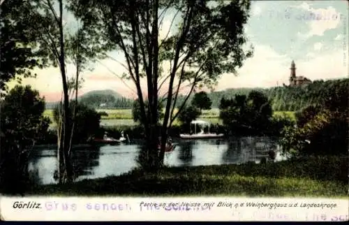 Ak Görlitz in der Lausitz, Partie an der Neisse, Blick auf Weinberghaus, Landeskrone