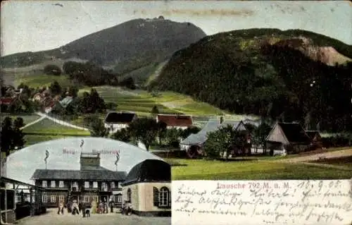 Relief Ak Waltersdorf Großschönau Oberlausitz, Lausche, Bergrestaurant, Blick auf den Ort