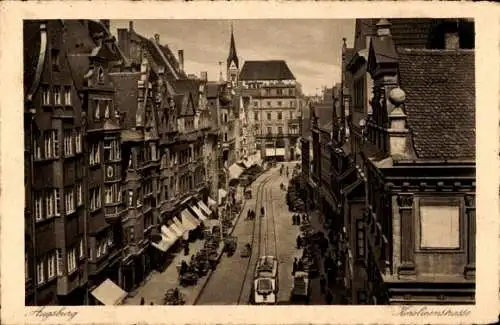 Ak Augsburg in Schwaben, Blick in die Karolinenstraße, Straßenbahn, Geschäfte